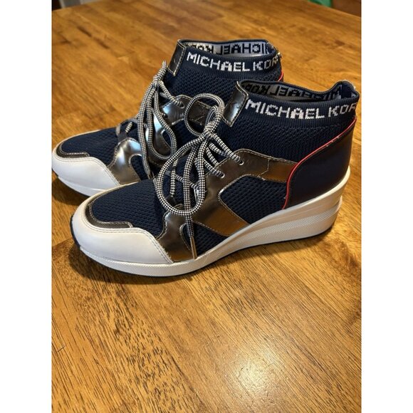 MICHAEL KORS Hilda Knit Sock Leather Wedge Sneaker Trainer Navy Silver Red 6.5 - Picture 1 of 10